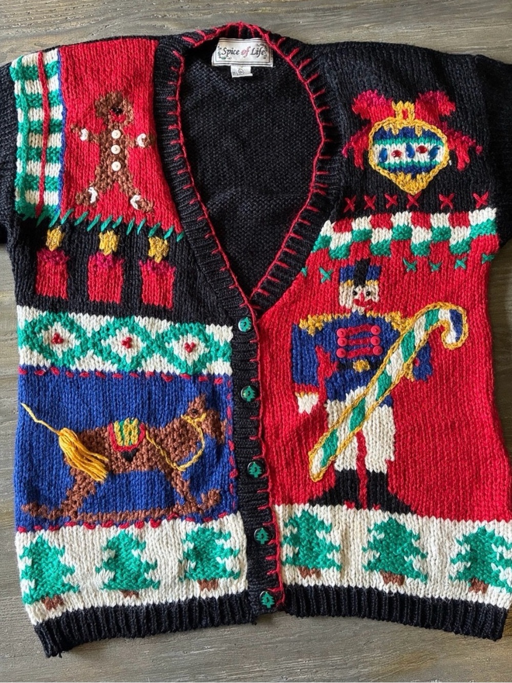 VTG Spice of Life ugly Christmas sweater 5 button cardigan perfect 4 holidays